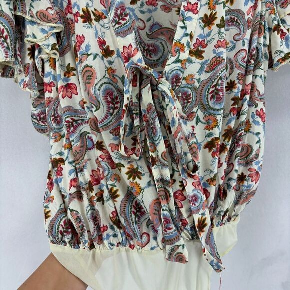 Free People Women’s small Cream Brown Paisley Plunge Bodysuit Flutter - Picture 9 of 14